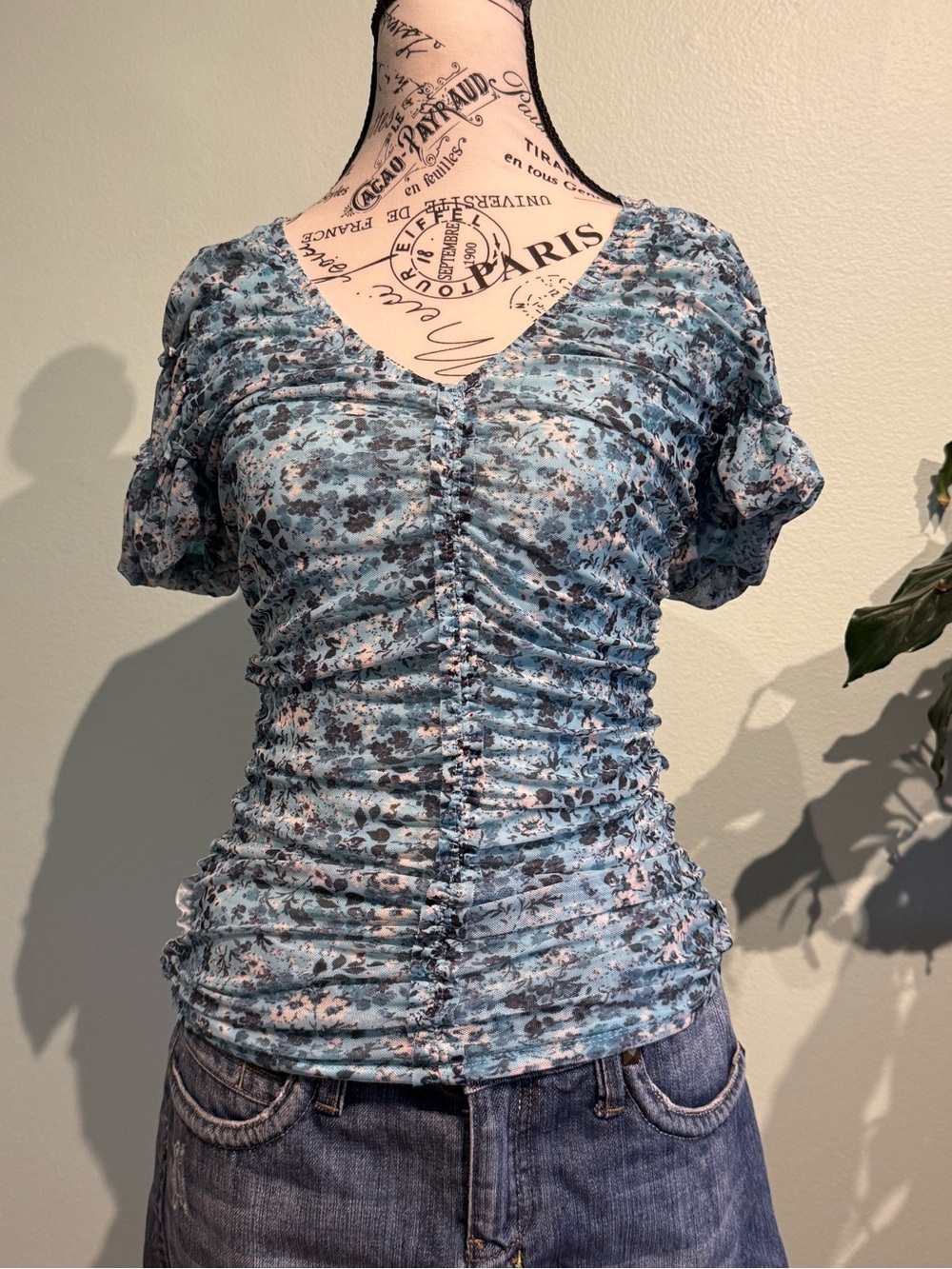 NWT- Anthropologie  Blue Floral Ruched V-Neck Blouse - Picture 6 of 8